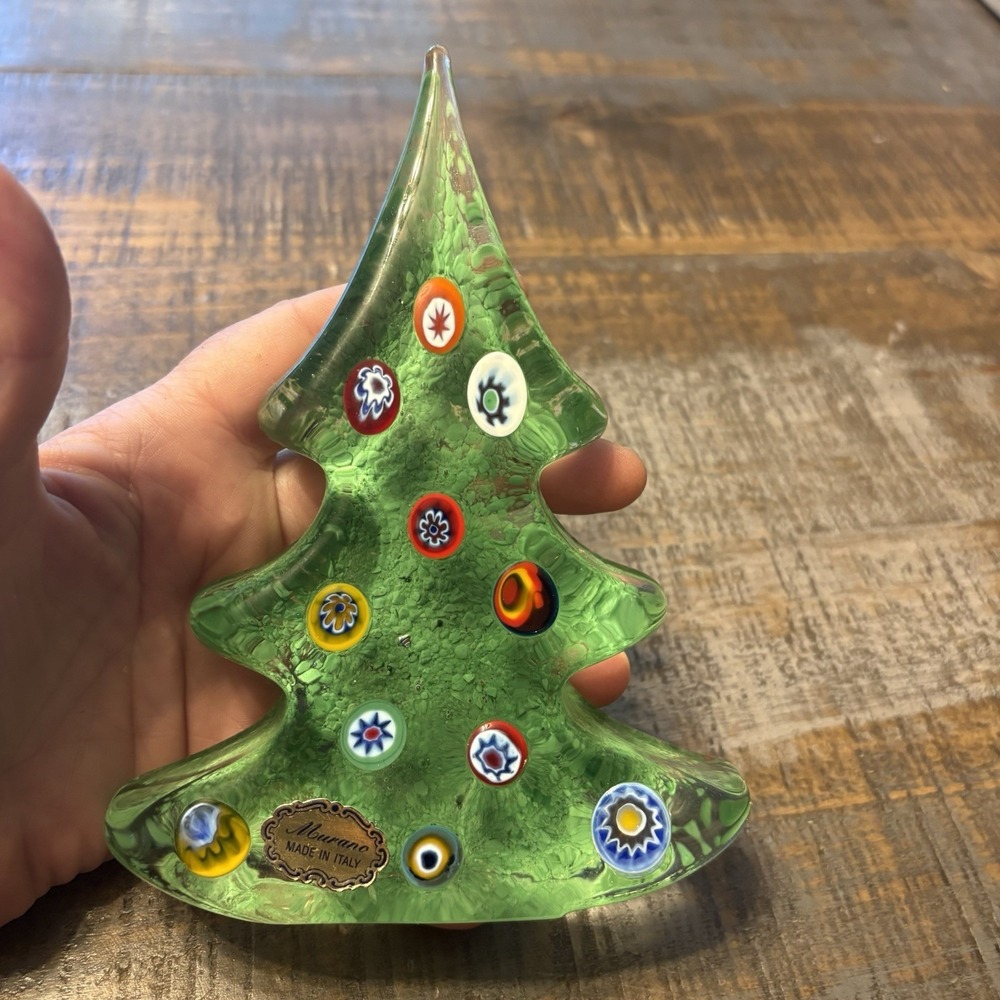 Art Glass MURANO Italy Multicolored MILLEFIORI Christmas Tree Figurine 6"